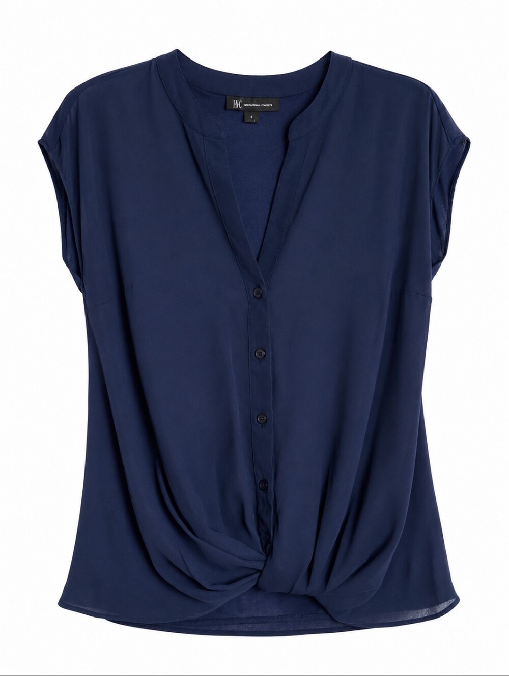 ​INC International Navy Blue Front Knot Button-Up Split Neck Short Sleeve Blouse